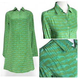 Sheridan French Gator Print Dress 100% Silk Kelly Green Sz 4 Luxury Resort Wear